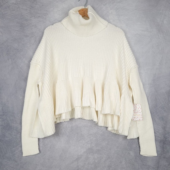 Free People Sweaters - Free People Turtleneck Sweater Womens XS White Ribbed Oversized Slouch Ruffle